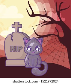 cute cat with graveyard tombstone on halloween scene vector illustration design