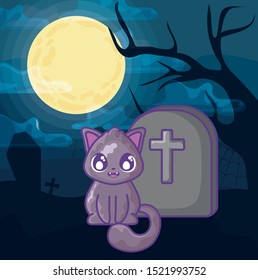 cute cat with graveyard tombstone on halloween scene vector illustration design