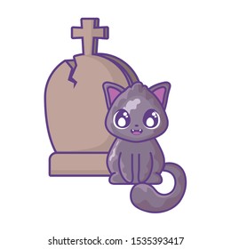 cute cat with graveyard tombstone on white background vector illustration design