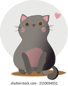 un lindo gato con piel gris. dibujo para niños. fondo blanco, corazón rosa. mascota favorita