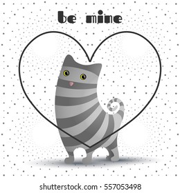 Cute cat in gray heart. Gray stripes.