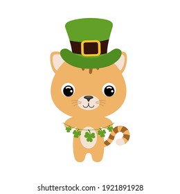 Cute cat in green leprechaun hat. Cartoon sweet animal with clovers. Vector St. Patrick's Day illustration on white background. Irish holiday folklore theme.