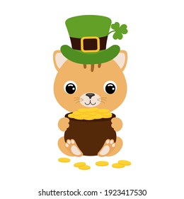 Cute cat in green leprechaun hat with clover holds bowler with gold coins. Cartoon sweet animal. Vector St. Patrick's Day illustration on white background. Irish holiday folklore theme.