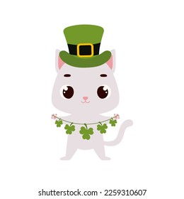 Cute cat in green leprechaun hat with clover. Irish holiday folklore theme. Cartoon design for cards, decor, shirt, invitation. Vector stock illustration.