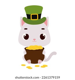 Cute cat in green leprechaun hat holds bowler with gold coins. Irish holiday folklore theme. Cartoon design for cards, decor, shirt, invitation. Vector stock illustration.