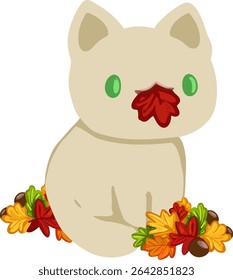 A cute cat with green,striking eyes in leafs 
