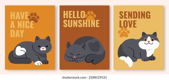 Cute cat greeting card template in warm orange, brown, and yellow tones, featuring black cats. Includes 'Have a Nice Day,' 'Hello Sunshine,' and 'Sending Love' messages.