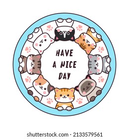 Cute Cat Greeting Drawing Cartoon Doodle Banner Card Circle Background