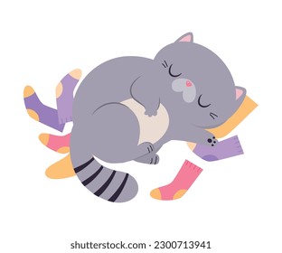 Cute Cat with Grey Coat Lying on Socks and Sleeping Vector Illustration