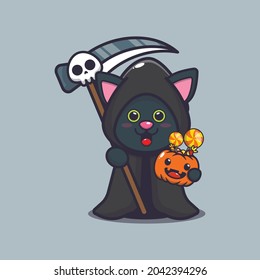 cute cat grim reaper holding halloween pumpkin