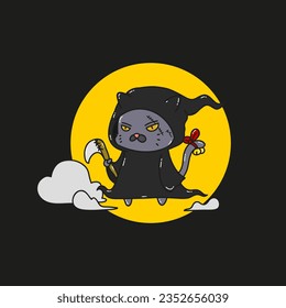 Cute Cat Grim Reaper Vector Illustration