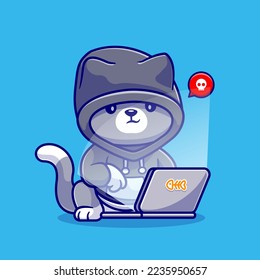 Cute Cat Hacker Operating Laptop Cartoon Vektorsymbol Illustration. Animal Technology Icon Konzept isolierter Premium-Vektorgrafik. Flachbildkartonstil