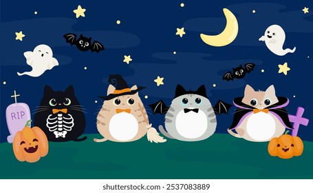 Gato lindo en disfraz de Halloween por la noche. Ilustración vectorial de diseño plano Kitty. truco o trato.