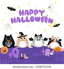 Cute cat in Halloween costume at night. Kitty flat design vector illustration. Happy Halloween font.