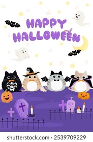 Cute cat in Halloween costume at night. Kitty flat design vector illustration. Happy Halloween font.