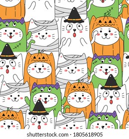 cute cat in Halloween costume seamless pattern background.