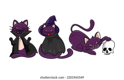 Cute Cat in Halloween Costumes. Vampire cat, skeleton head, skull, bat witch