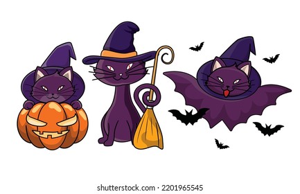 Cute Cat in Halloween Costumes. Witch costume, Pumpkin head, bat costume, Jack O' Lantern