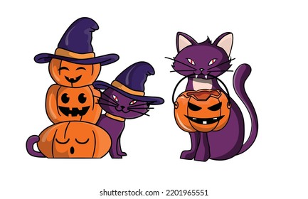 Cute Cat in Halloween Costumes. Witch hat costume, Pumpkin head, bandage, Jack O' Lantern