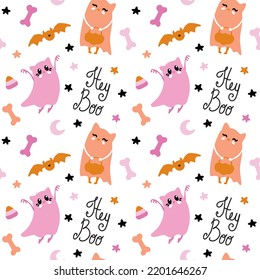 Cute cat in halloween ghost costume. Seamless pattern. Kids print.