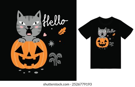Cute cat halloween illustration with tshirt design vector the Concept of Isolated Technology. Flat Cartoon Style Suitable for Landing Web Pages,T shirt, Flyers, Stickers