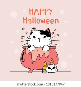 cute cat Halloween in poison pot with cat skull and candle, funny cat kitty clip art with silhouette for greeting card, sublimation, sticker