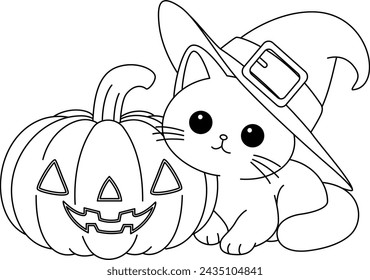 The cute cat and a Halloween pumpkin coloring page.