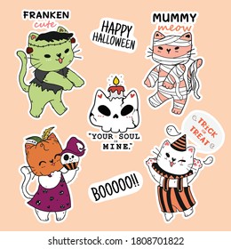 cute cat Halloween sticker collection, Frankenstein, pumpkin head, mummy, doodle outline, idea for sticker, sublimation, journal, planner, printable