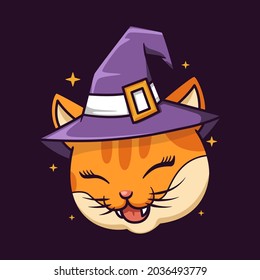 cute cat Halloween wearing witch hat cartoon design. vector illustration 