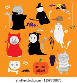 Cute cat hand drawn cartoon. Halloween theme