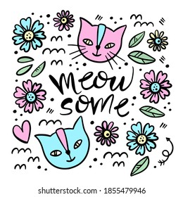 CUTE CAT Hand Drawn Children Sketch Valentine Day Love Floral Flower Cartoon Animal Clip Art Vector Illustration Set For Print
