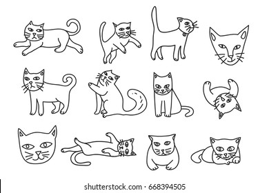 cute cat hand drawn icon vector set line art illustration