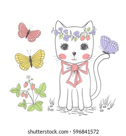 Cute cat, hand drawn illustration little kitty with wreath, bow tie, strawberry, butterfly