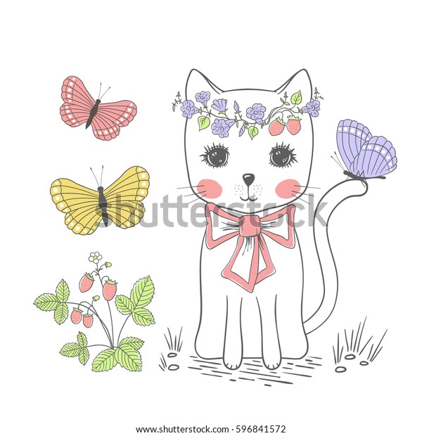 かわいい猫 手描きのイラスト リース 蝶ネクタイ イチゴ 蝶 のベクター画像素材 ロイヤリティフリー