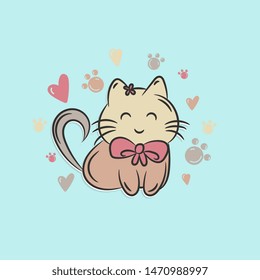 Cute cat hand drawn on a blue background.