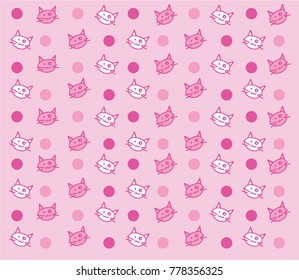 Cute Cat Hand Drawn with polka-dot Vector Pattern.