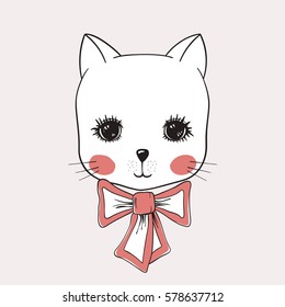 Cute cat, hand drawn portrait little kitty with bow
