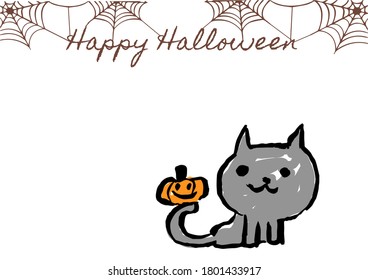 Cute cat Hand Drawn with Text Happy Halloween on white isolated background.