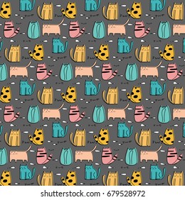 Cute Cat Hand Drawn Vector Pattern.
