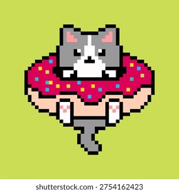 Cute Cat Hanging on Donut Pixel Art Character, Kawaii Retro 8 Bit Dessert Animal Icon