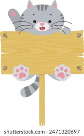 Cute cat hanging on an empty wooden board
