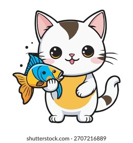 Cute Cat Hanging On Fish Cartoon Vector Icon Illustration Animal Food Icon Concept Isolated Flat. Cute cat holding fish cartoon illustration. A cute cat with a fish