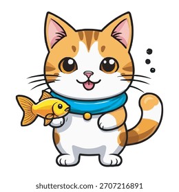 Gato lindo que cuelga en la ilustración del icono del Vector de la historieta del pescado Concepto del icono de la comida animal. Gato lindo que sostiene la ilustración de dibujos animados de peces. Un lindo gato con un pez