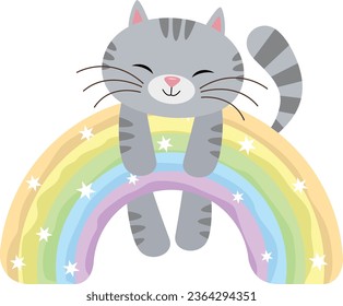 Cute cat hanging on magic rainbow