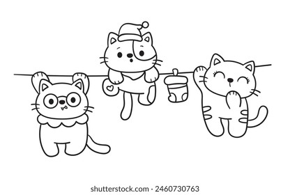 Lindo gato colgando. Serie: Kawaii animales gatito divertido jugando aislado sobre fondo blanco (Caricatura de personaje) actividades de Festiva. Perfecto hacer un deseo para el libro de cuento de hadas de la camiseta del bebé, celebración.