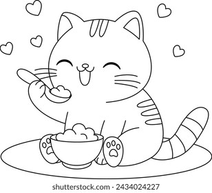 The cute cat is happily eating coloring page