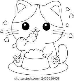 The cute cat is happily eating coloring page. Cat character vector Illustration