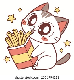 A cute cat happily munching on a box of French fries with stars around.