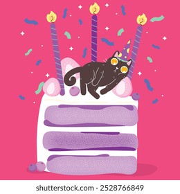 Cute cat happy birthday greeting card With Piece Of Cake,  flat and colorful illustration.