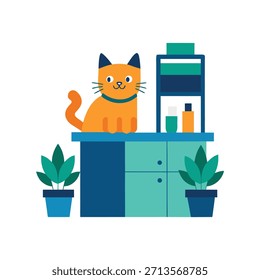 Gato lindo feliz con las tareas completadas en el ordenador portátil en la oficina moderna, mostrando el logro mientras que añade el encanto lúdico a las Ilustraciones vectoriales profesionales.